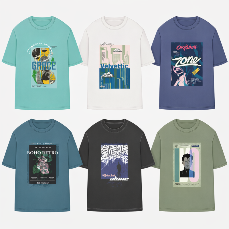 six colorful graphics t-shirt designs